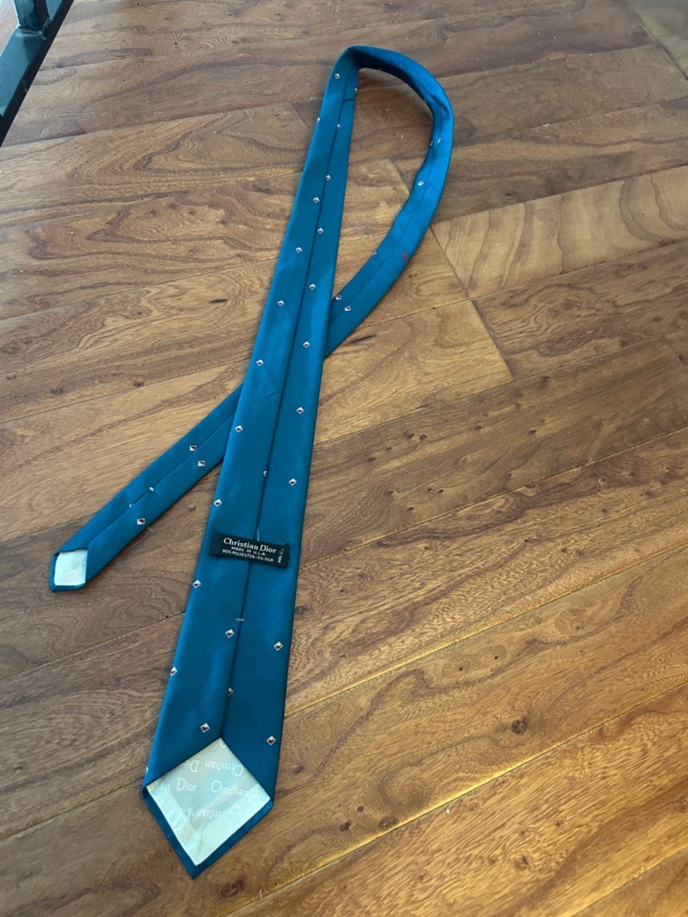 Christian Dior Vintage Logo Stamped Teal  Diamond Patterned Tie Made in USA - Picture 6 of 6